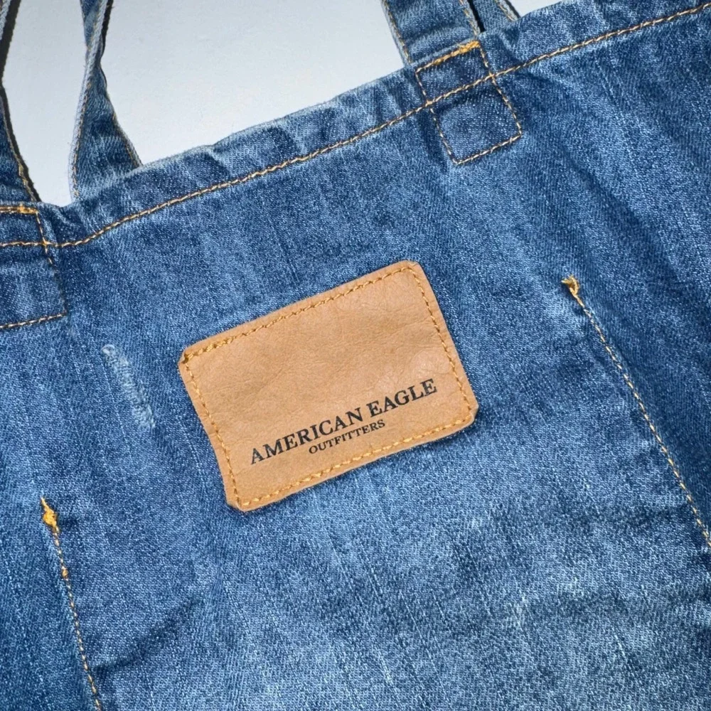 American Eagle Outfitters Distressed Denim Tote Bag Blue Jean Graphic Logo Y2K